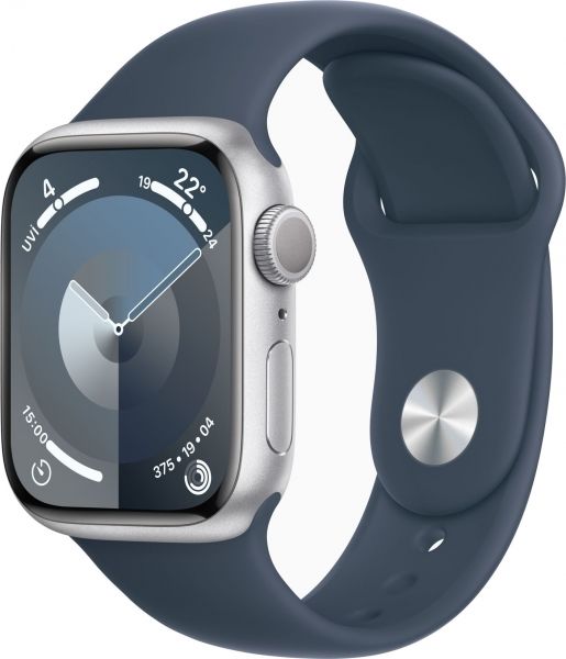 Apple Watch Series 9 GPS + Cellular 45mm Gümüş Rengi Alüminyum Kasa ve Fırtına Mavisi Spor Kordon - S/M - MRMG3TU/A