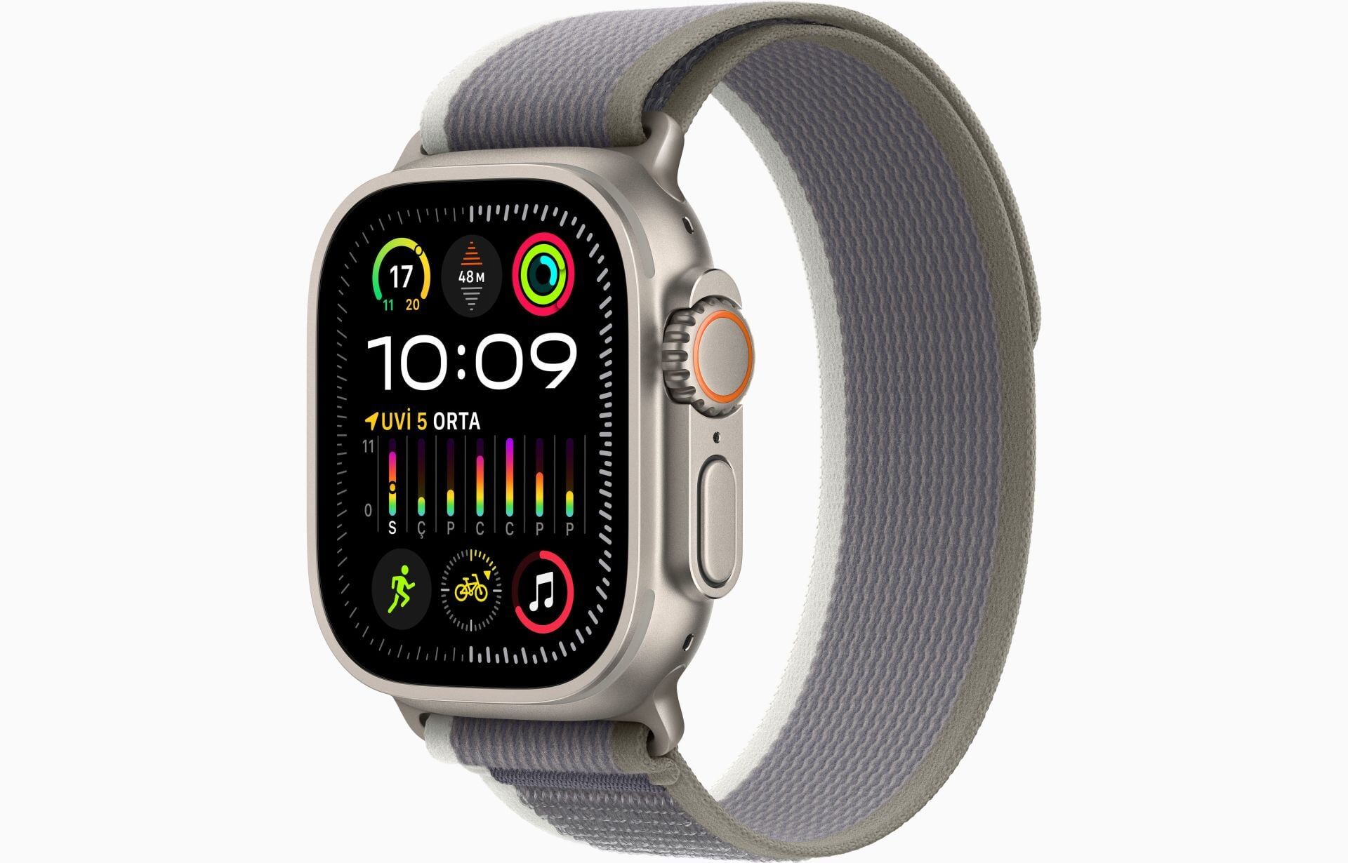 Apple Watch Ultra 2 GPS + Cellular, 49mm Titanyum Kasa ve Yeşil/Gri Trail Loop - M/L - MRF43TU/A